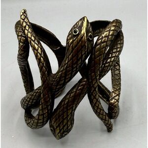 Bronze Tone Double Snake Head Hinged Cuff Bracelet Serpent Scale Textured Metal